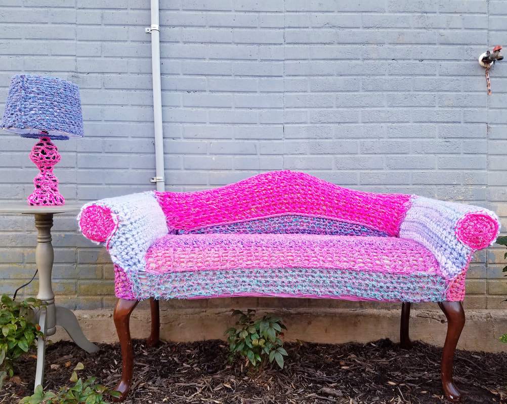 Crochet covered couch and lamp by Nicole Nikolich, Lace in the Moon
